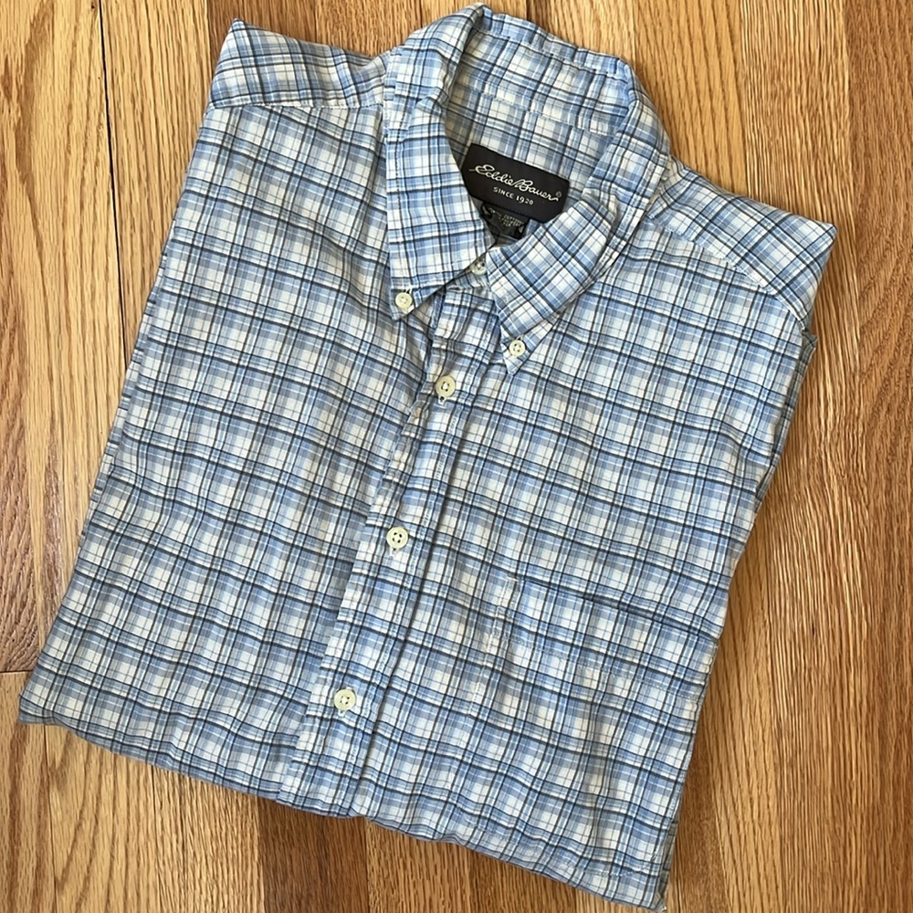 EDDIE BAUER Long Sleeve Light Blue Plaid Shirt